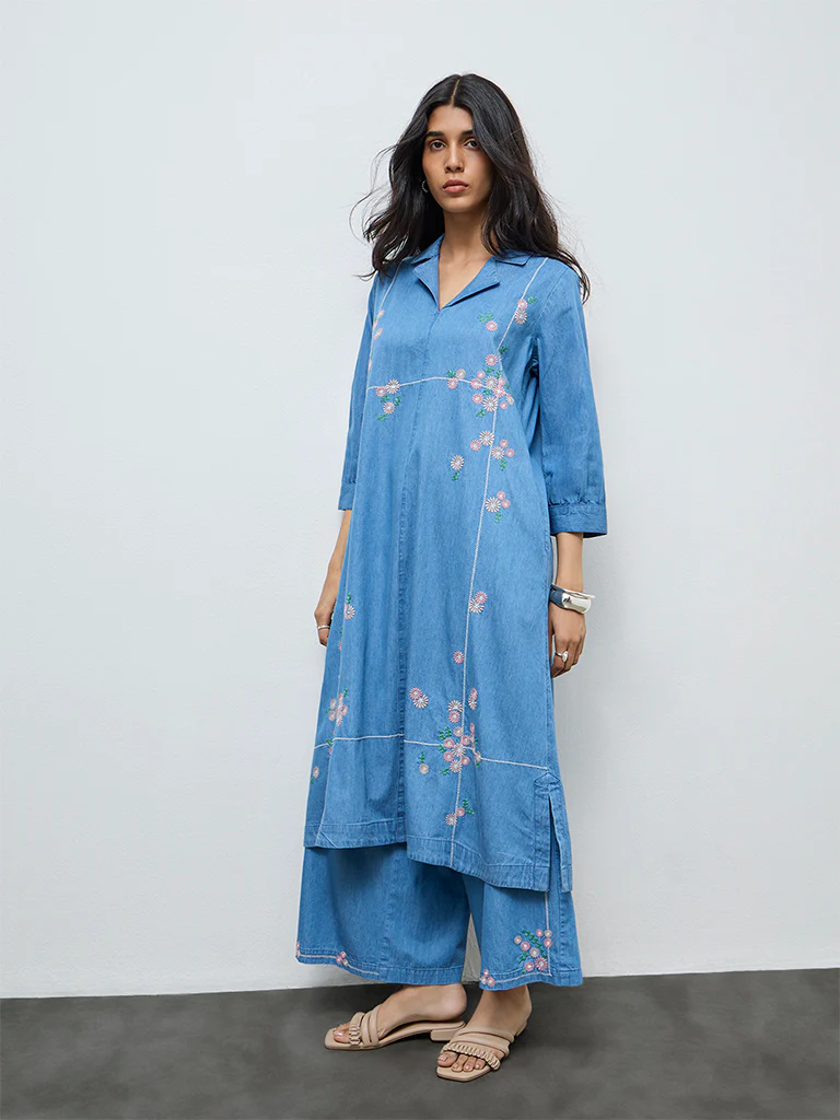 Utsa Blue Floral Embroidered Denim A-Line Kurta - Image 2