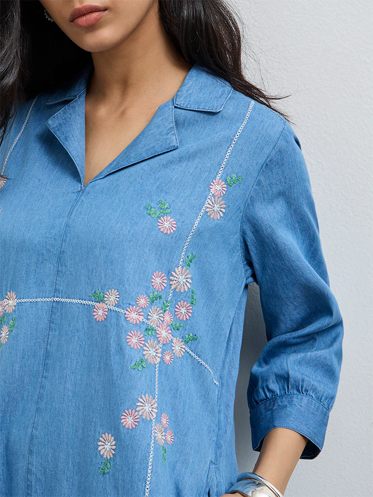 Utsa Blue Floral Embroidered Denim A-Line Kurta - Image 3