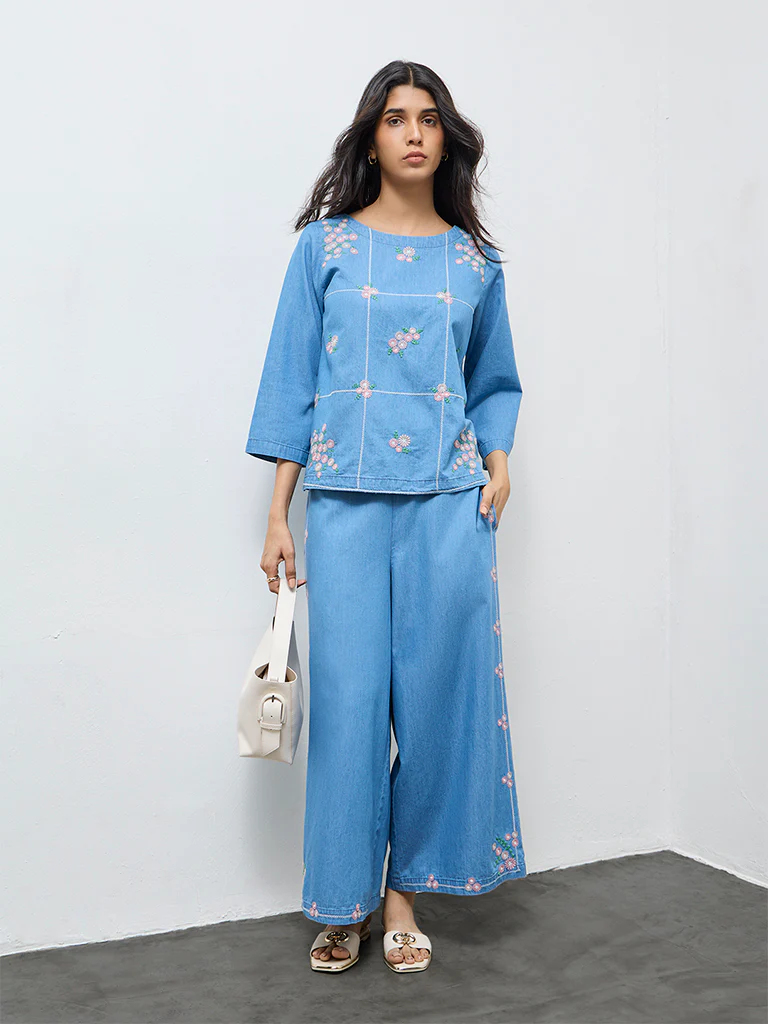 Utsa Blue Floral Embroidered Denim Palazzos - Image 2