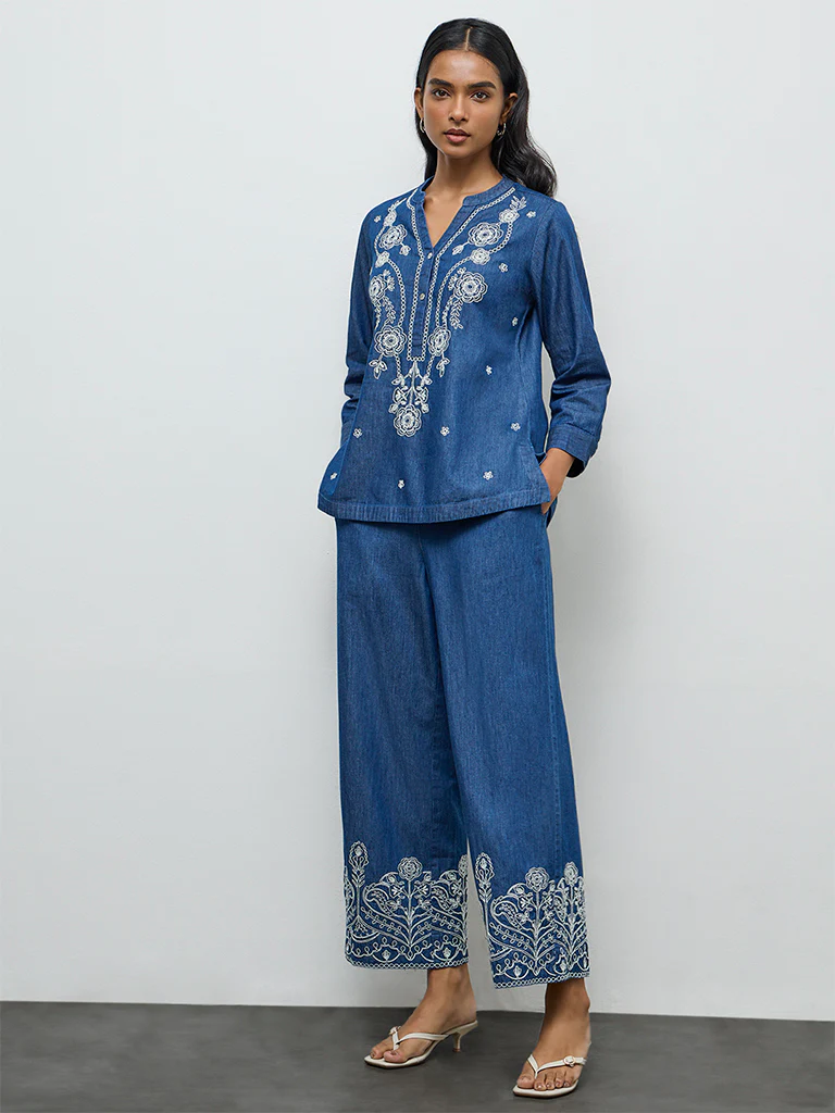 Utsa Blue Floral Embroidered Denim Tunic - Image 2