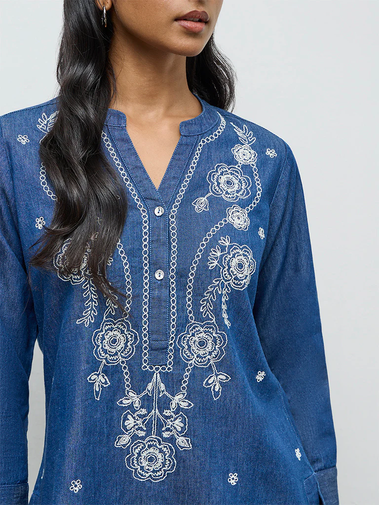 Utsa Blue Floral Embroidered Denim Tunic - Image 3