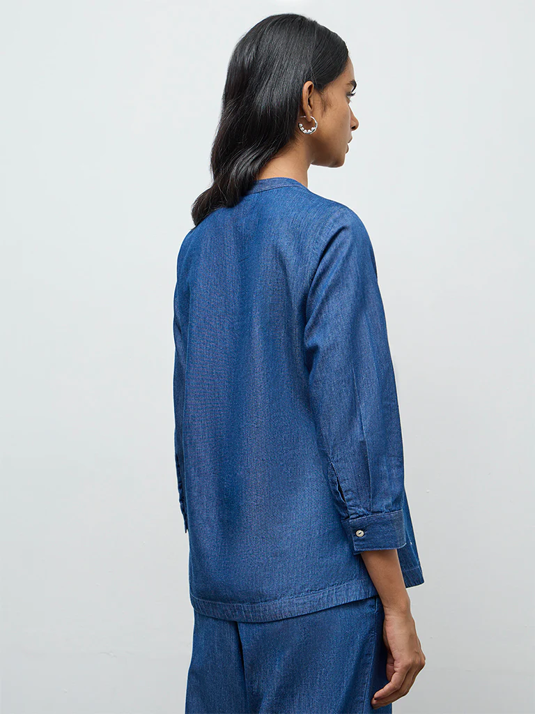 Utsa Blue Floral Embroidered Denim Tunic - Image 4