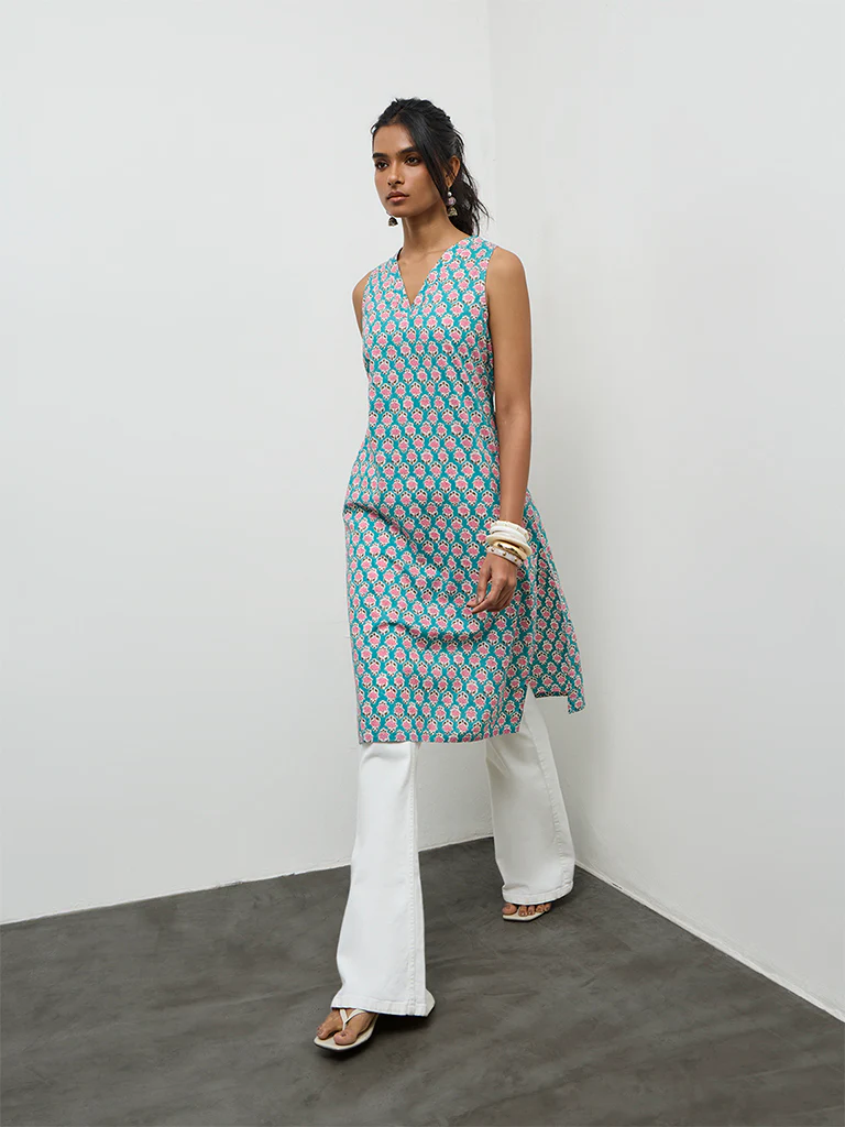 Utsa Blue Floral Pattern Cotton A-Line Kurta - Image 2