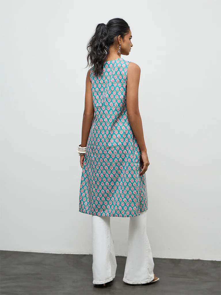 Utsa Blue Floral Pattern Cotton A-Line Kurta - Image 4