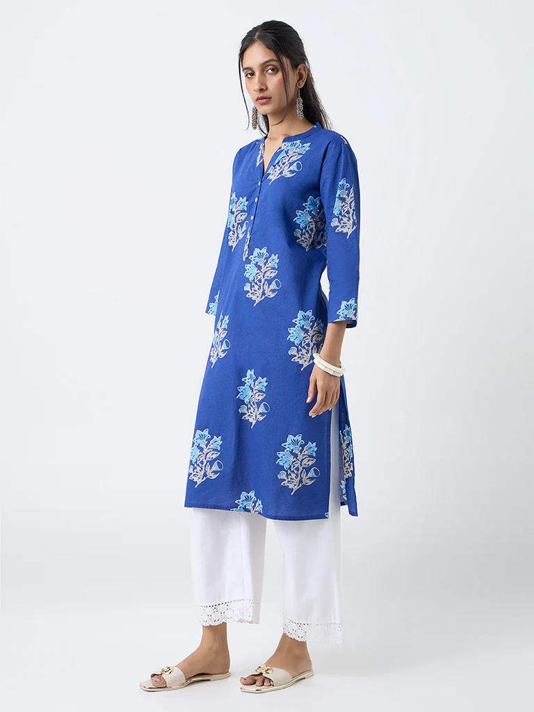 Utsa Blue Floral Pattern Cotton Straight Kurta - Image 2