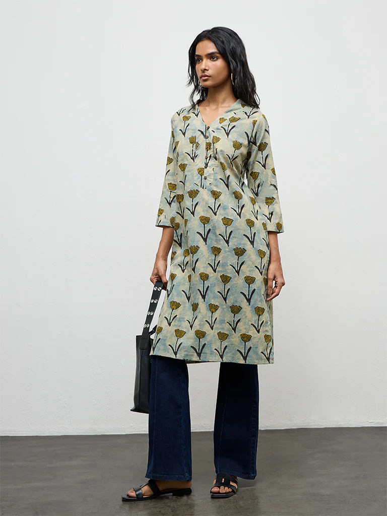 Utsa Blue Floral Pattern Cotton Straight Kurta - Image 2
