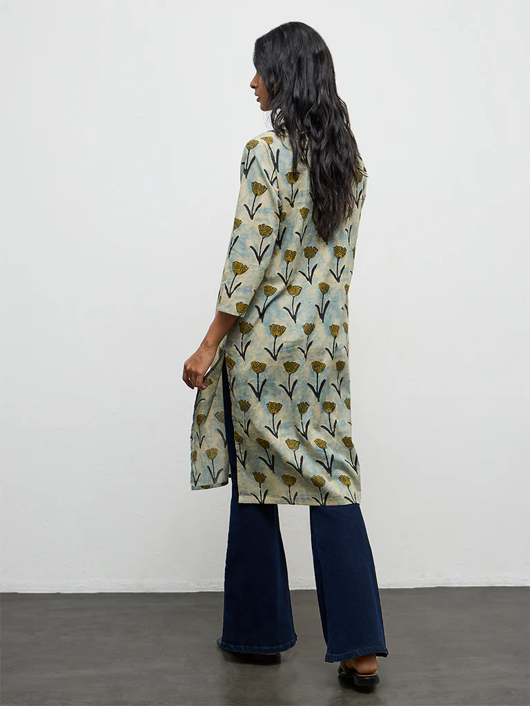 Utsa Blue Floral Pattern Cotton Straight Kurta - Image 4