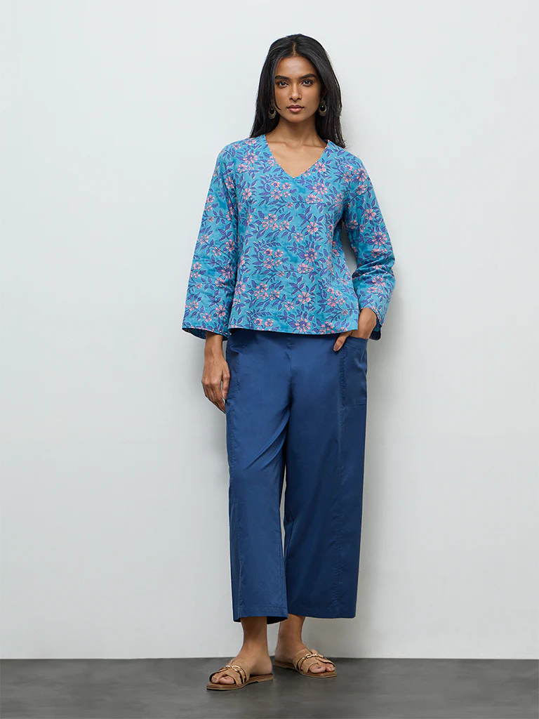Utsa Blue Floral Pattern Cotton Tunic