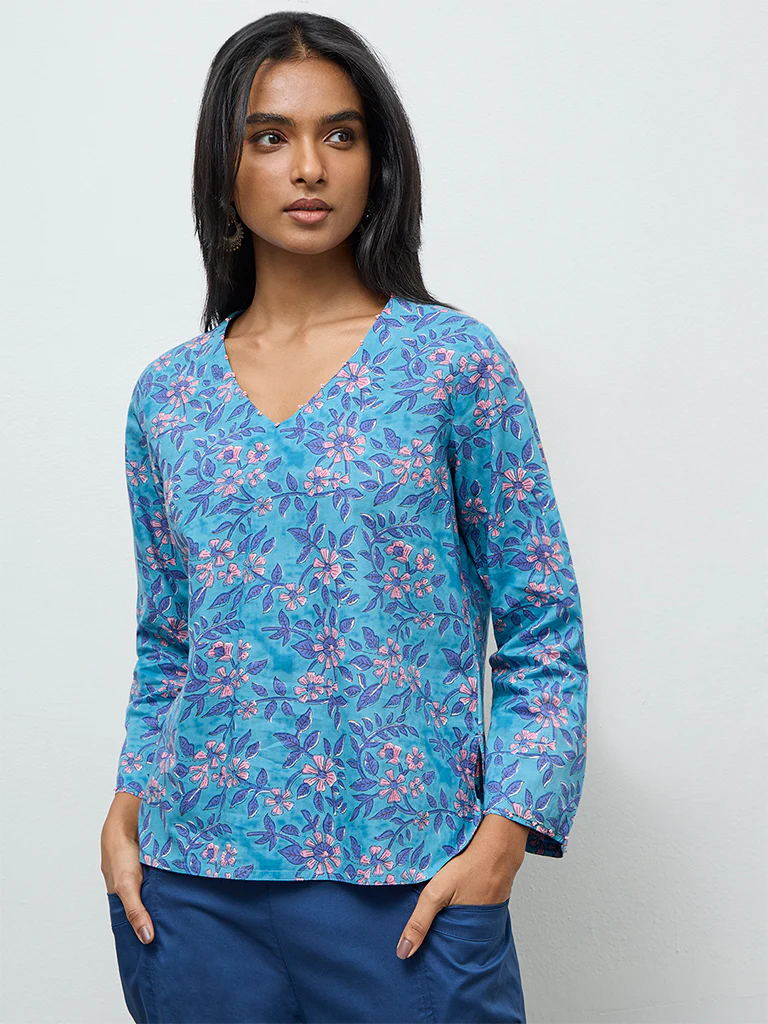 Utsa Blue Floral Pattern Cotton Tunic - Image 2