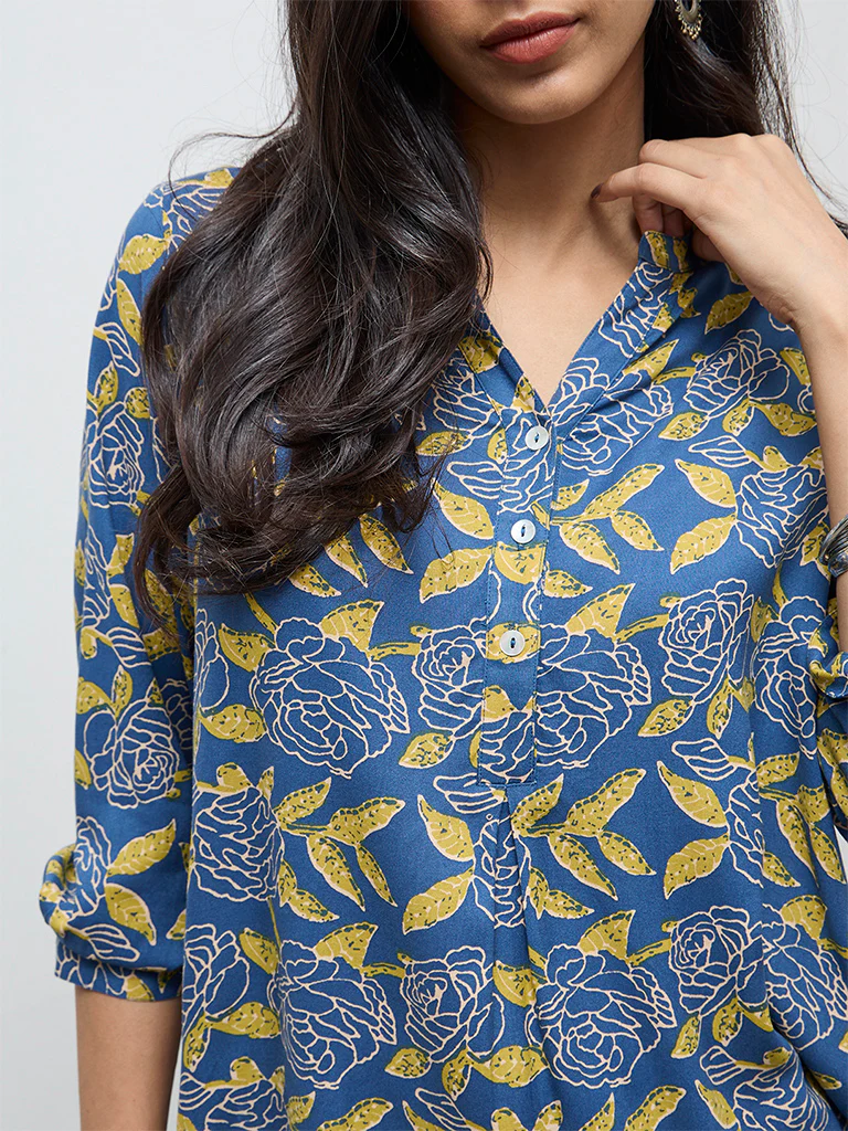 Utsa Blue Floral Pattern Tunic - Image 3