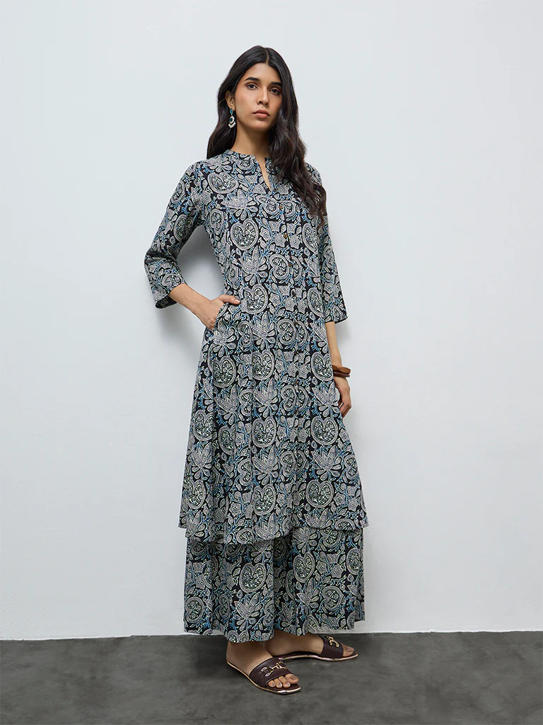 Utsa Blue Floral Printed A-Line Kurta - Image 2