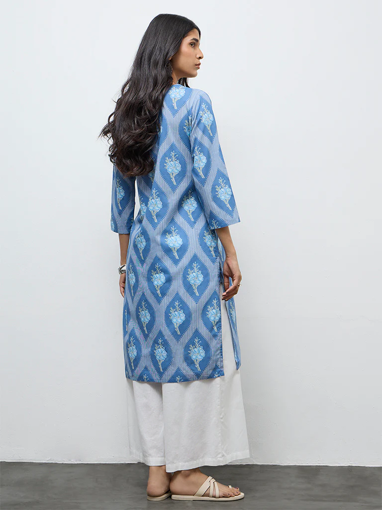 Utsa Blue Floral Printed Cotton Straight Kurta - Image 4