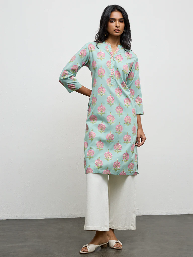 Utsa Blue Floral Printed Cotton Straight Kurta - Image 2