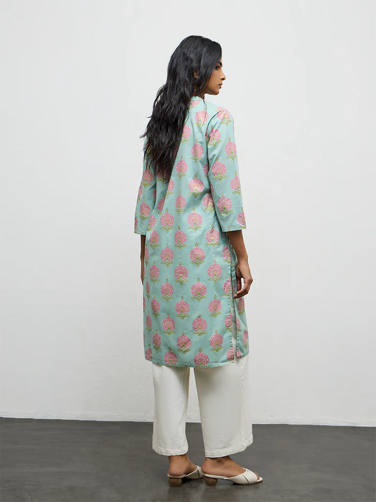 Utsa Blue Floral Printed Cotton Straight Kurta - Image 4