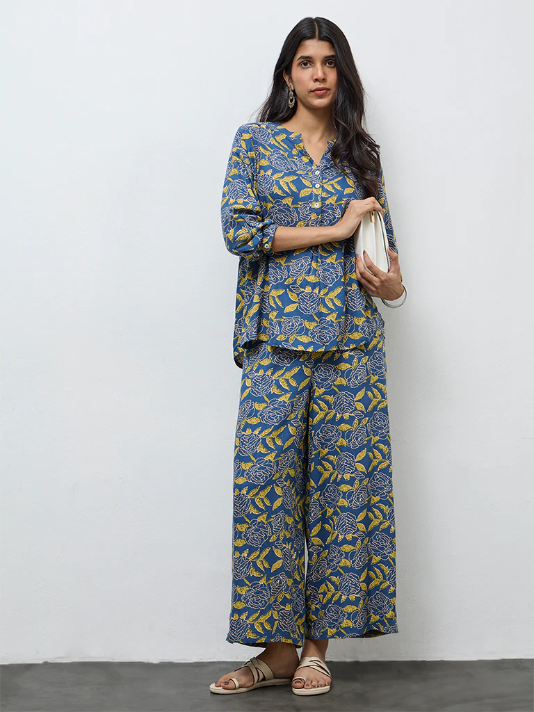 Utsa Blue Floral Printed Pants - Image 2