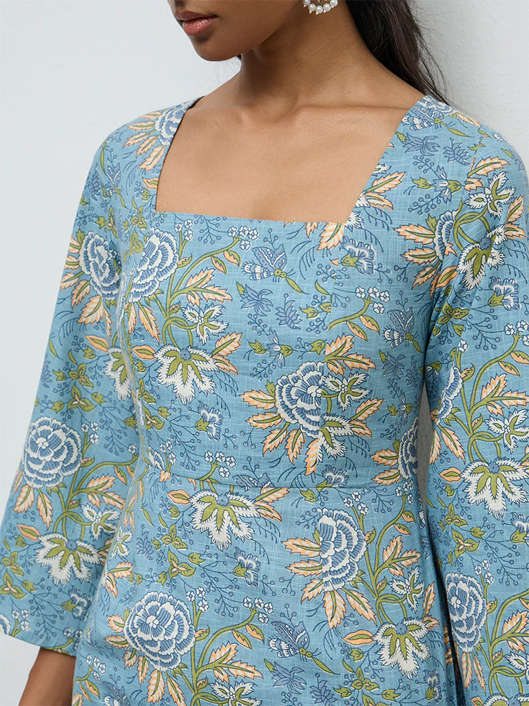 Utsa Blue Foliage Pattern Cotton Tunic - Image 3