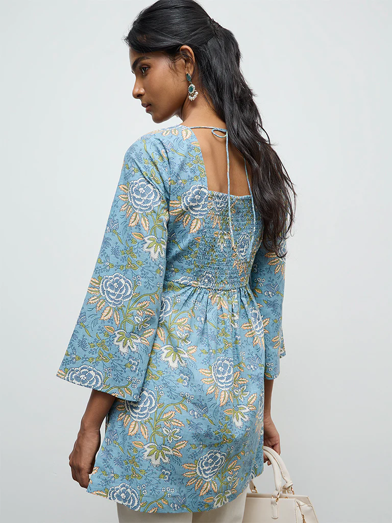 Utsa Blue Foliage Pattern Cotton Tunic - Image 4