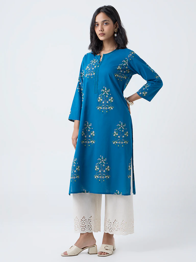 Utsa Blue Foliage Print Cotton Straight Kurta - Image 2