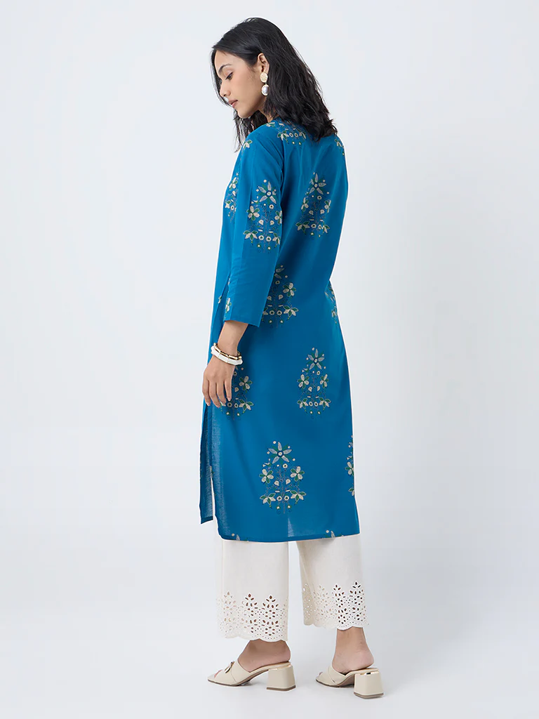 Utsa Blue Foliage Print Cotton Straight Kurta - Image 4
