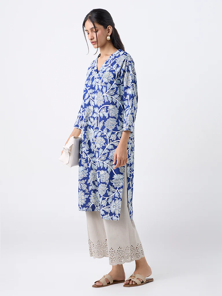 Utsa Blue Foliage Printed Cotton Straight Kurta - Image 2