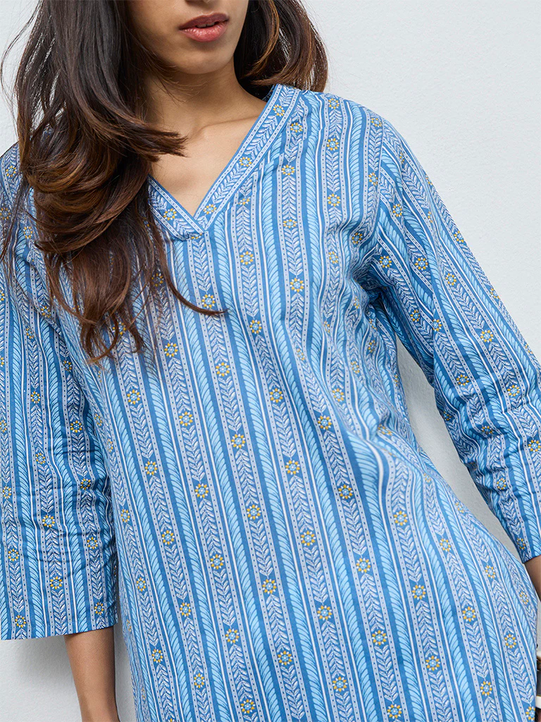 Utsa Blue Leaf Pattern Cotton Straight Kurta - Image 3