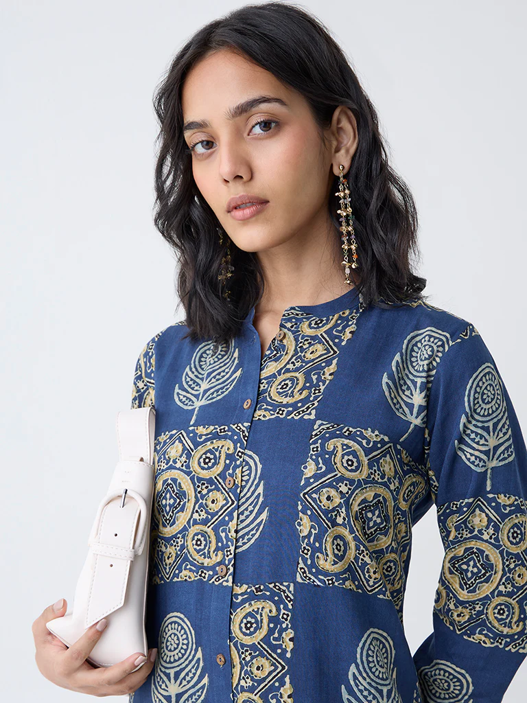 Utsa Blue Printed A-Line Kurta - Image 3