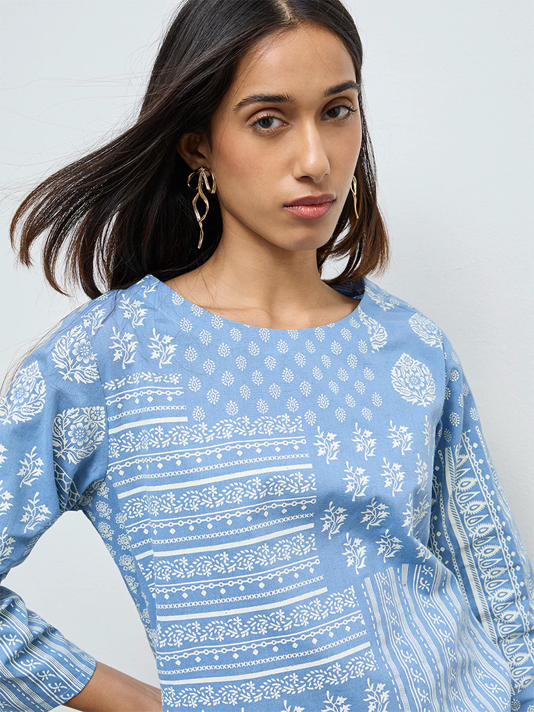 Utsa Blue Printed Cotton-Blend Straight Kurta - Image 3