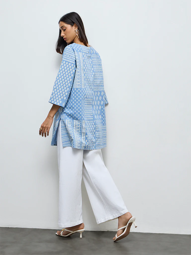 Utsa Blue Printed Cotton-Blend Straight Kurta - Image 4