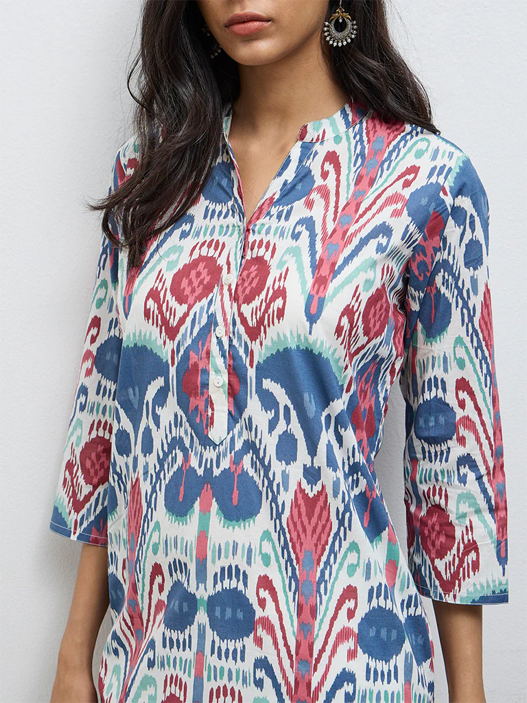 Utsa Blue Printed Cotton Straight Kurta - Image 3