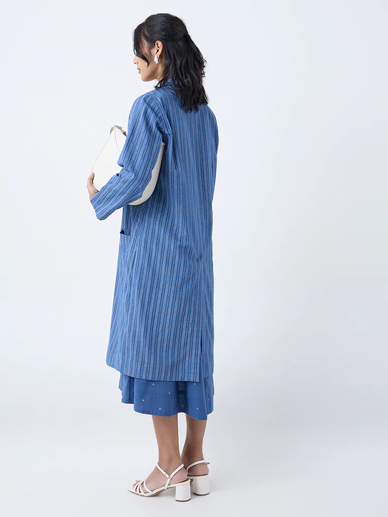 Utsa Blue Stripe Printed Cotton Jacket - Image 4