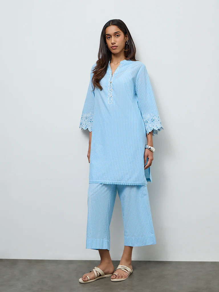 Utsa Blue Striped Cotton Pants - Image 2