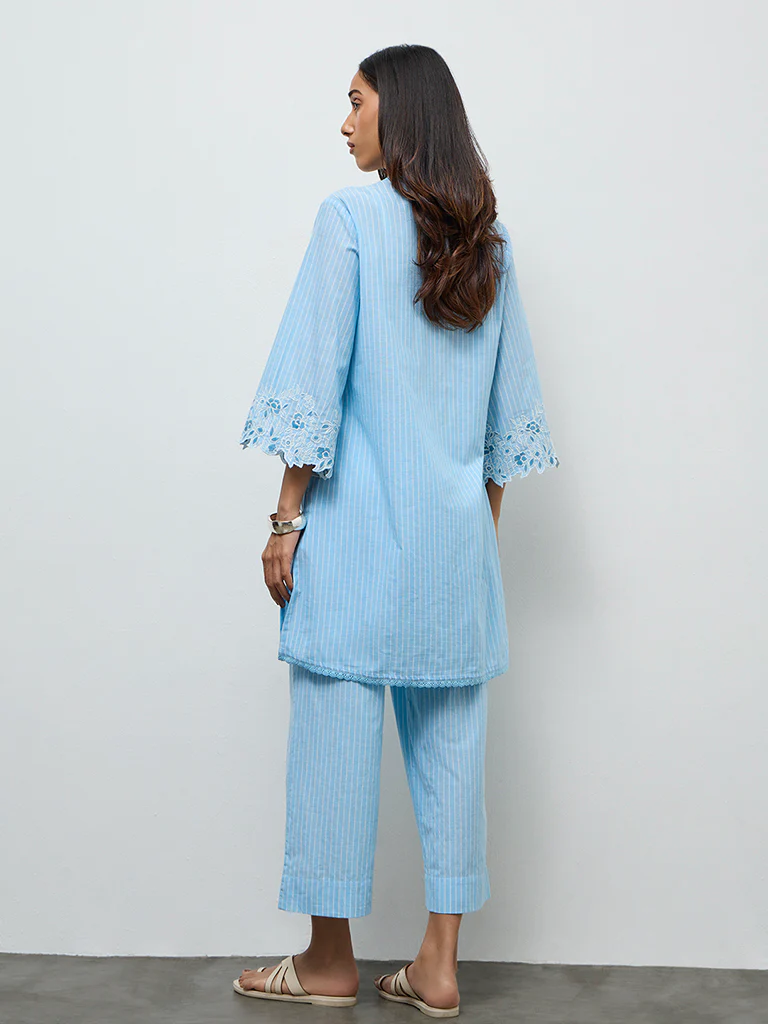 Utsa Blue Striped Straight Cotton Kurta - Image 4
