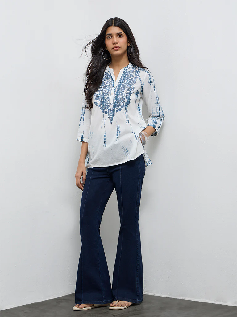 Utsa Blue Tie-Dye High-Low Cotton Tunic - Image 2