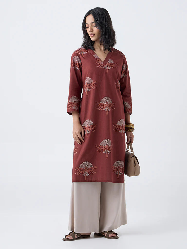 Utsa Brown Dragonfly Print Straight Cotton Kurta