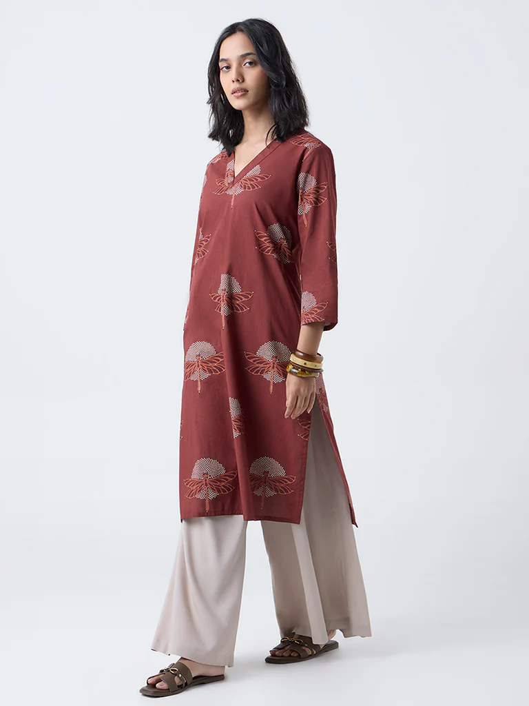 Utsa Brown Dragonfly Print Straight Cotton Kurta - Image 2