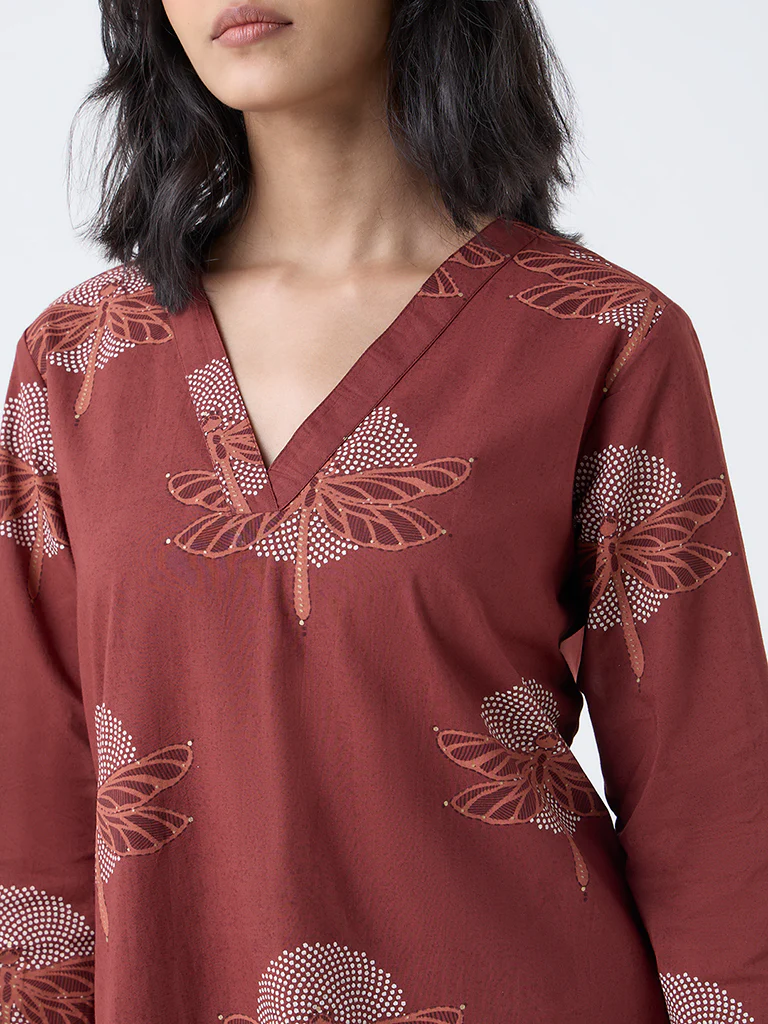 Utsa Brown Dragonfly Print Straight Cotton Kurta - Image 3