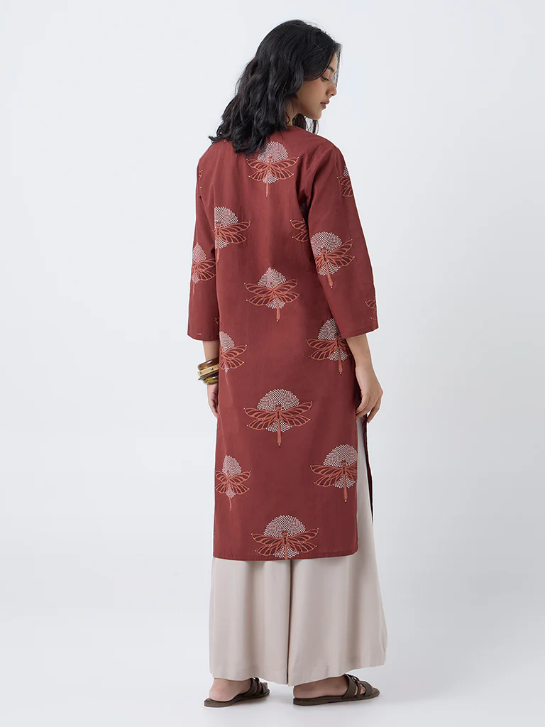 Utsa Brown Dragonfly Print Straight Cotton Kurta - Image 4