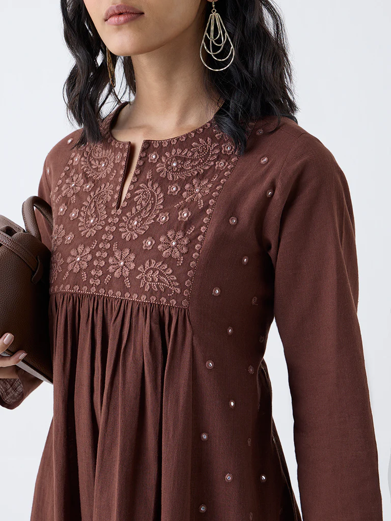 Utsa Brown Embroidered Cotton Anarkali Kurta - Image 3