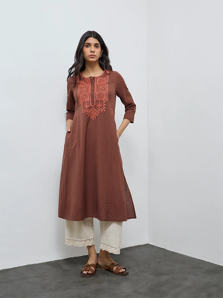 Utsa Brown Embroidered Cotton-Blend A-Line Kurta