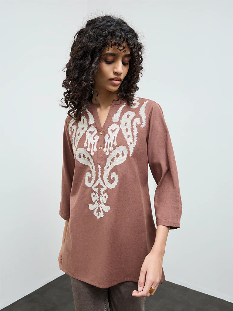Utsa Brown Embroidered Cotton-Blend Tunic - Image 2