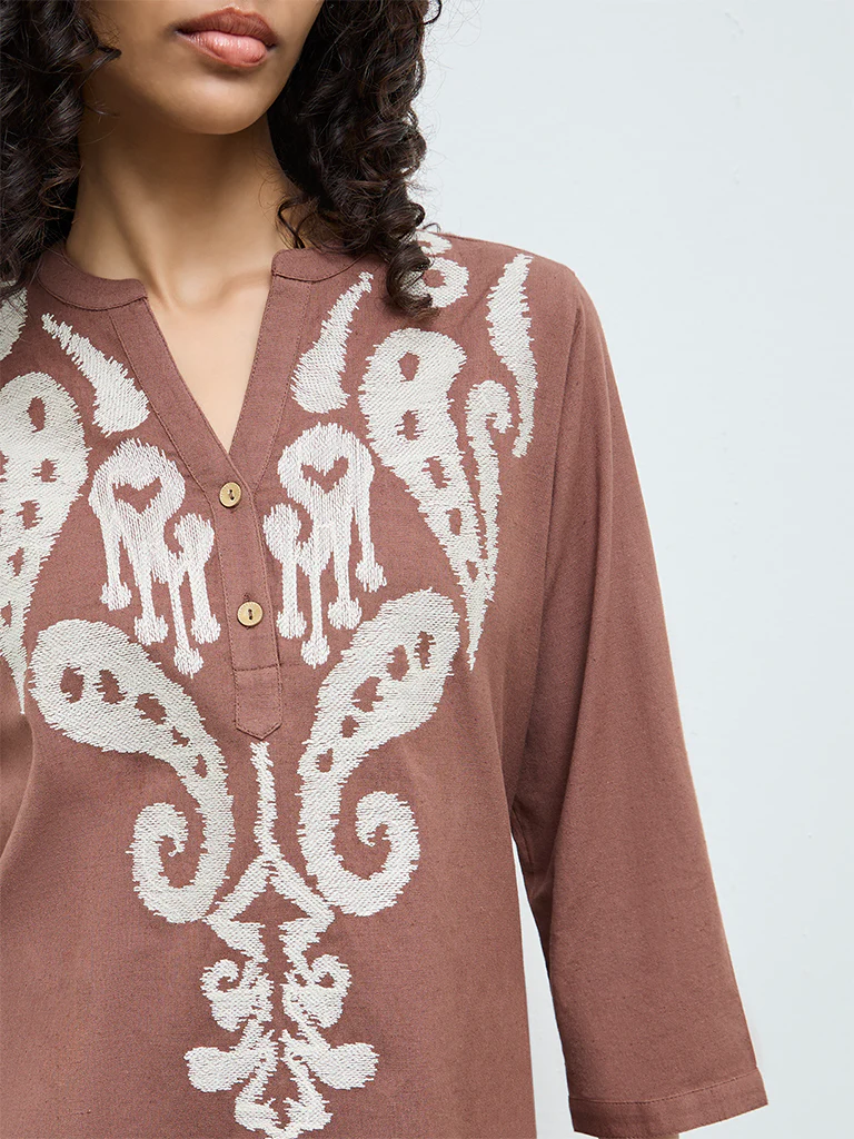 Utsa Brown Embroidered Cotton-Blend Tunic - Image 3