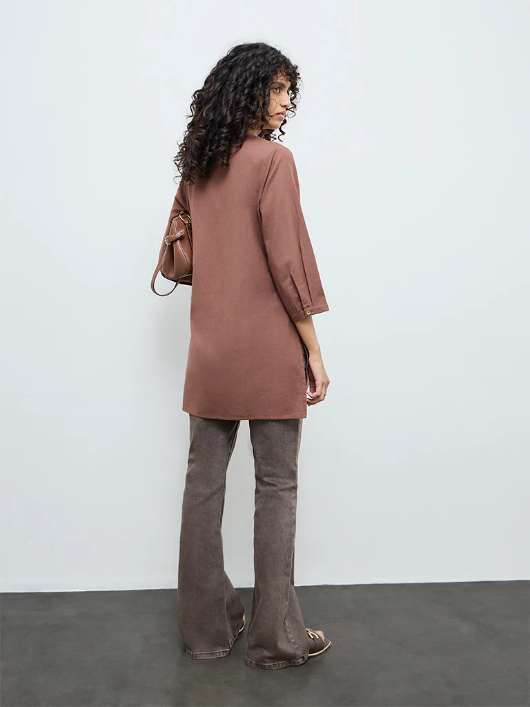 Utsa Brown Embroidered Cotton-Blend Tunic - Image 4