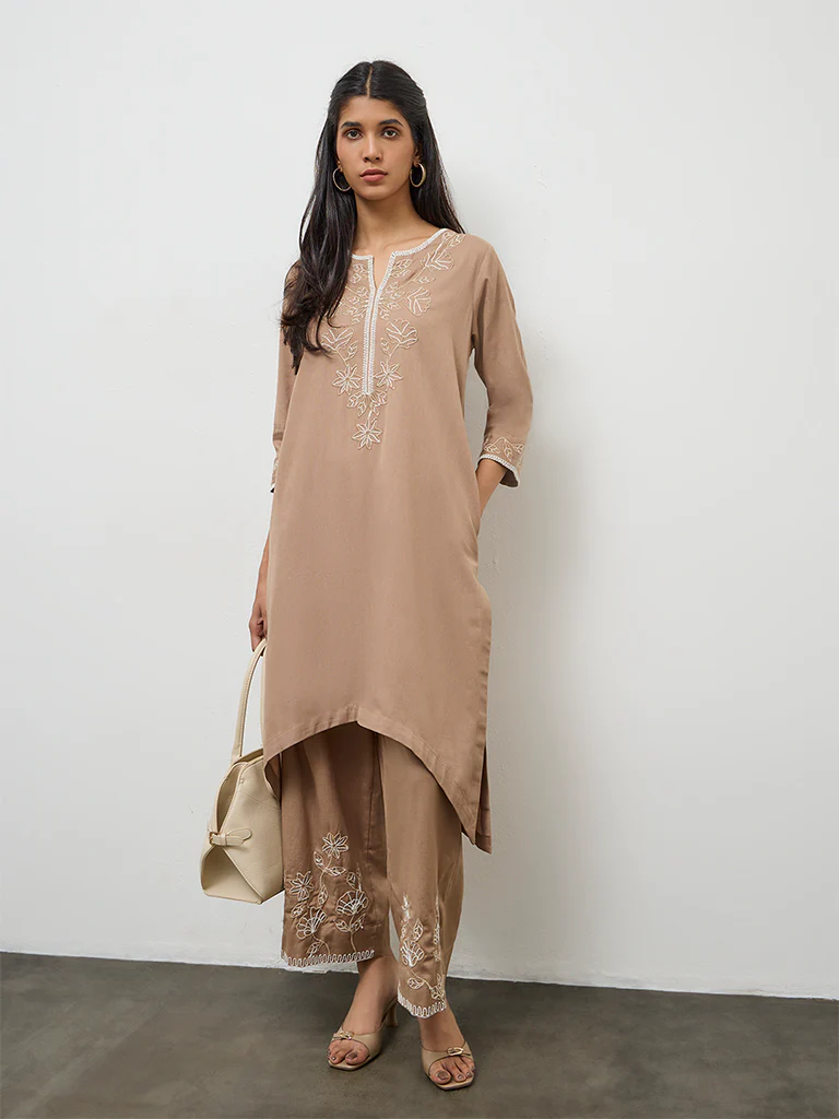 Utsa Brown Floral Embroidered Cotton A-Line Kurta