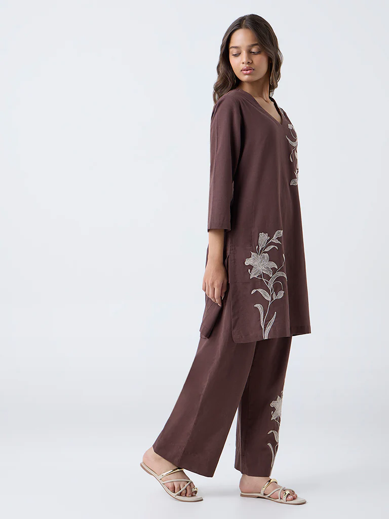 Utsa Brown Floral Embroidered Cotton-Blend A-Line Kurta - Image 2