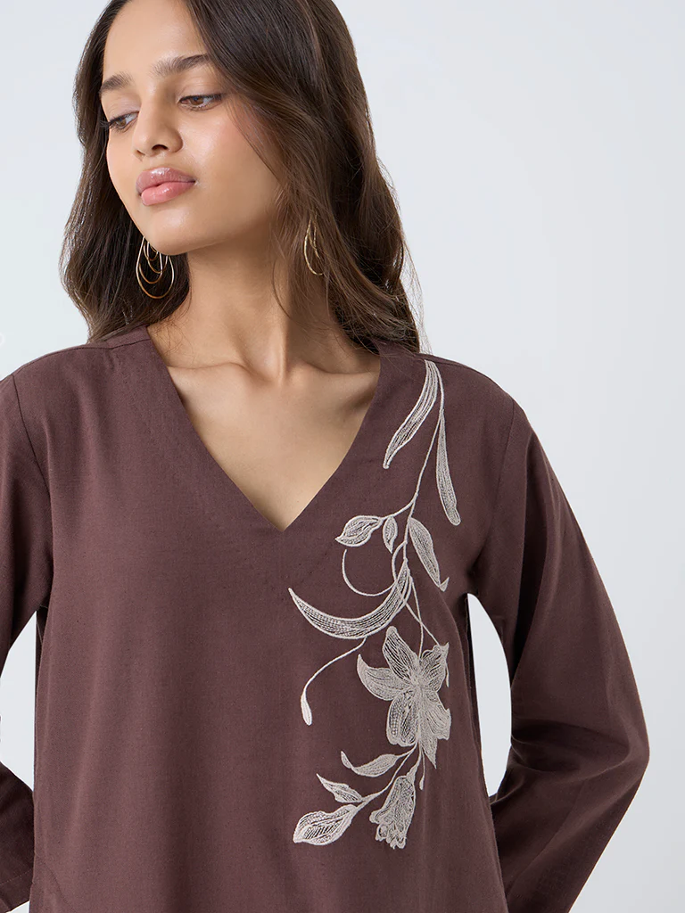 Utsa Brown Floral Embroidered Cotton-Blend A-Line Kurta - Image 3