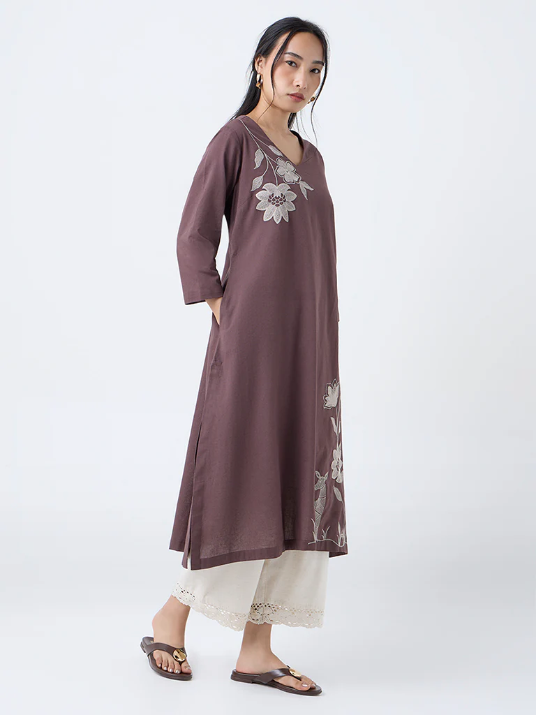 Utsa Brown Floral Embroidered Cotton-Blend A-Line Kurta