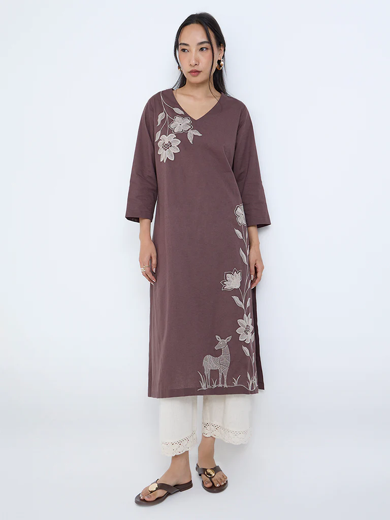 Utsa Brown Floral Embroidered Cotton-Blend A-Line Kurta - Image 2