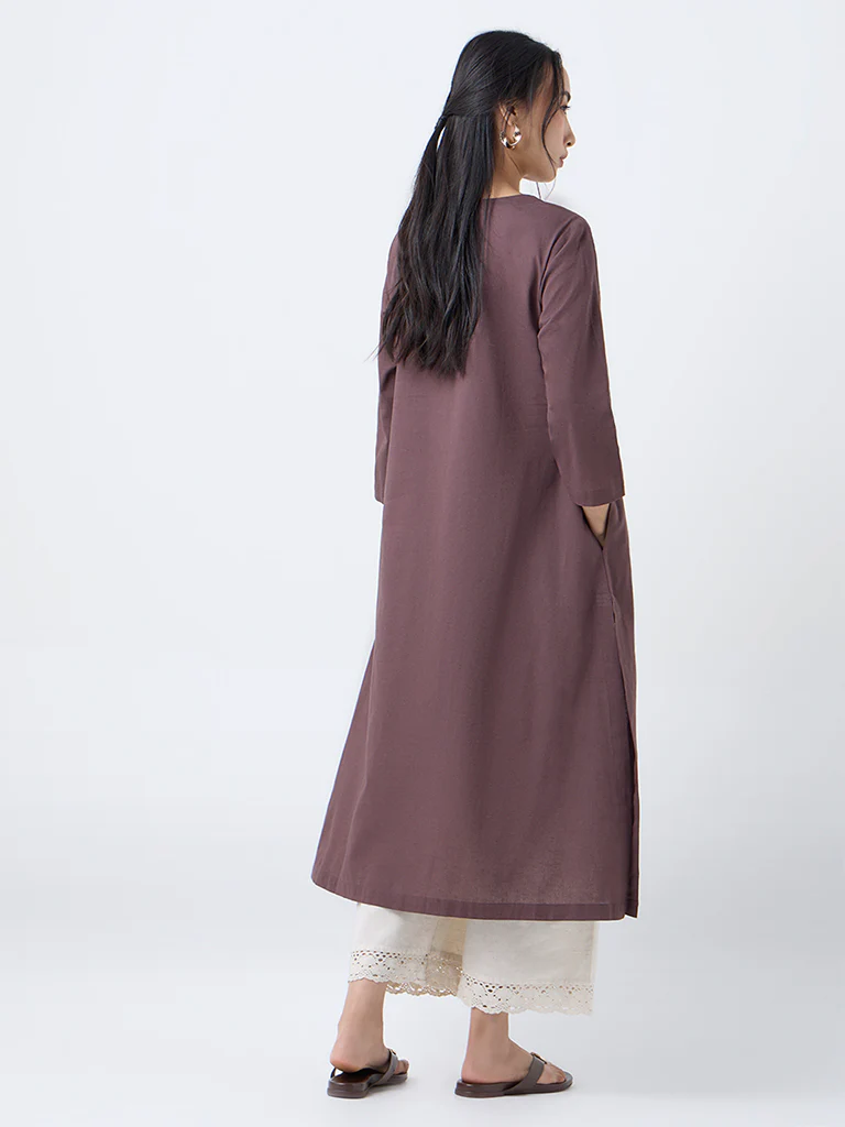 Utsa Brown Floral Embroidered Cotton-Blend A-Line Kurta - Image 4