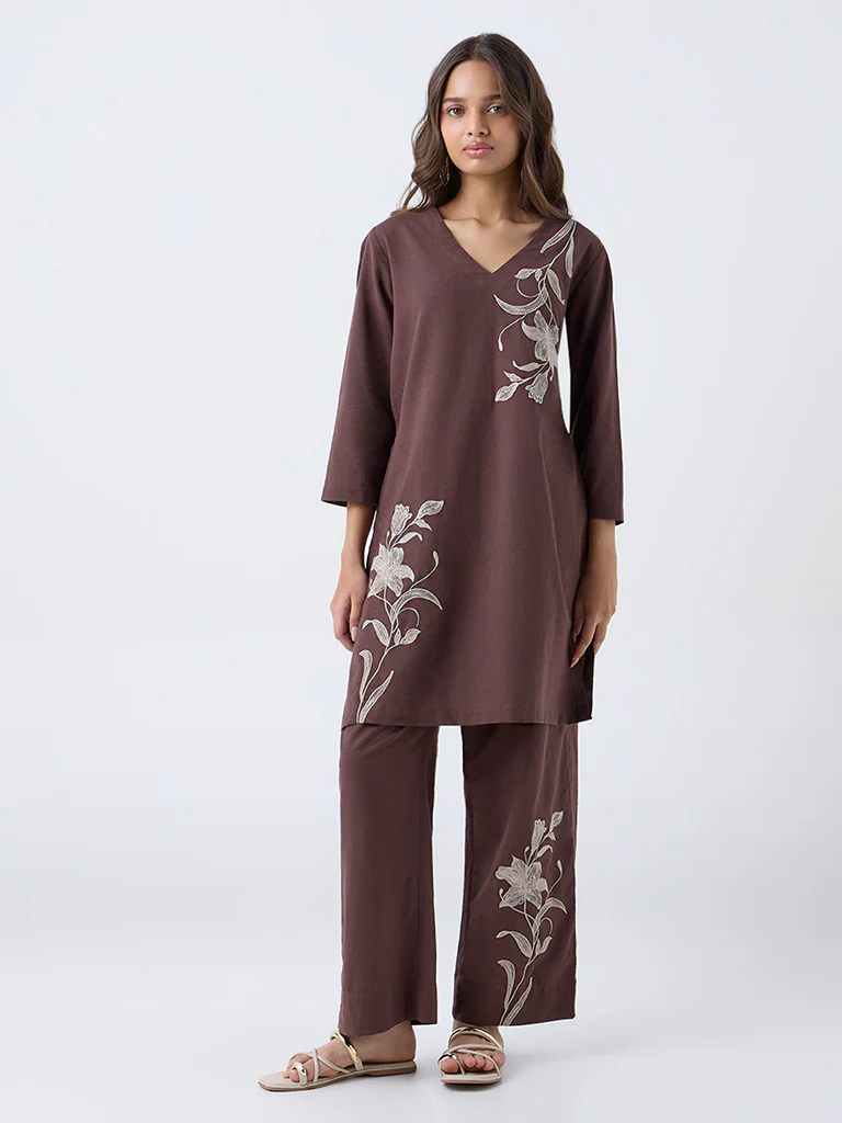 Utsa Brown Floral Embroidered Cotton-Blend Pants - Image 2