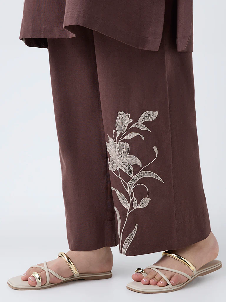 Utsa Brown Floral Embroidered Cotton-Blend Pants - Image 3